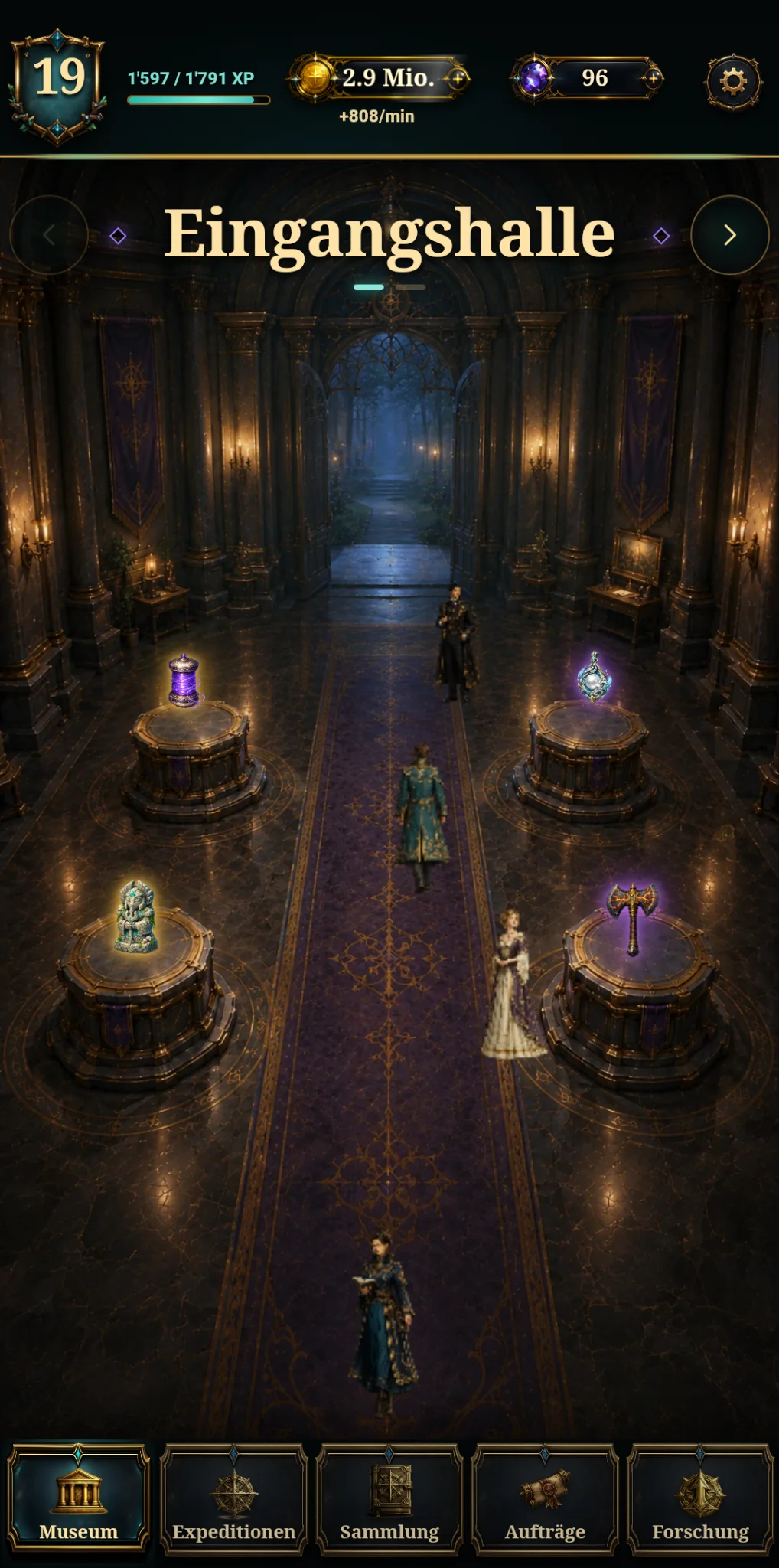 Arcane Museum entrance hall with visitors and displayed artifacts