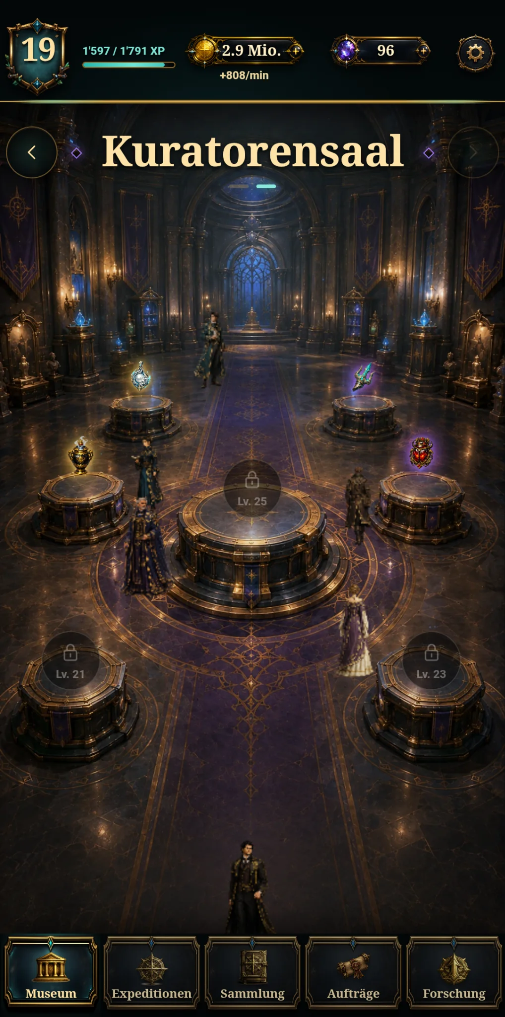 Arcane Museum Curator's Hall with artifact displays
