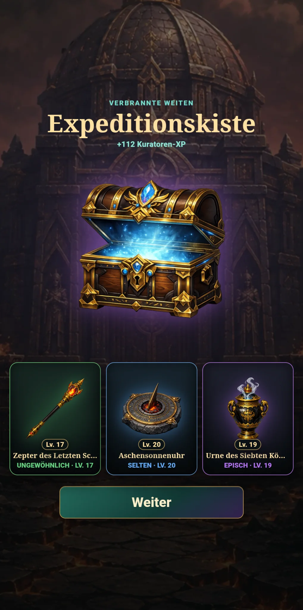 Arcane Museum opened expedition chest with artifact rewards