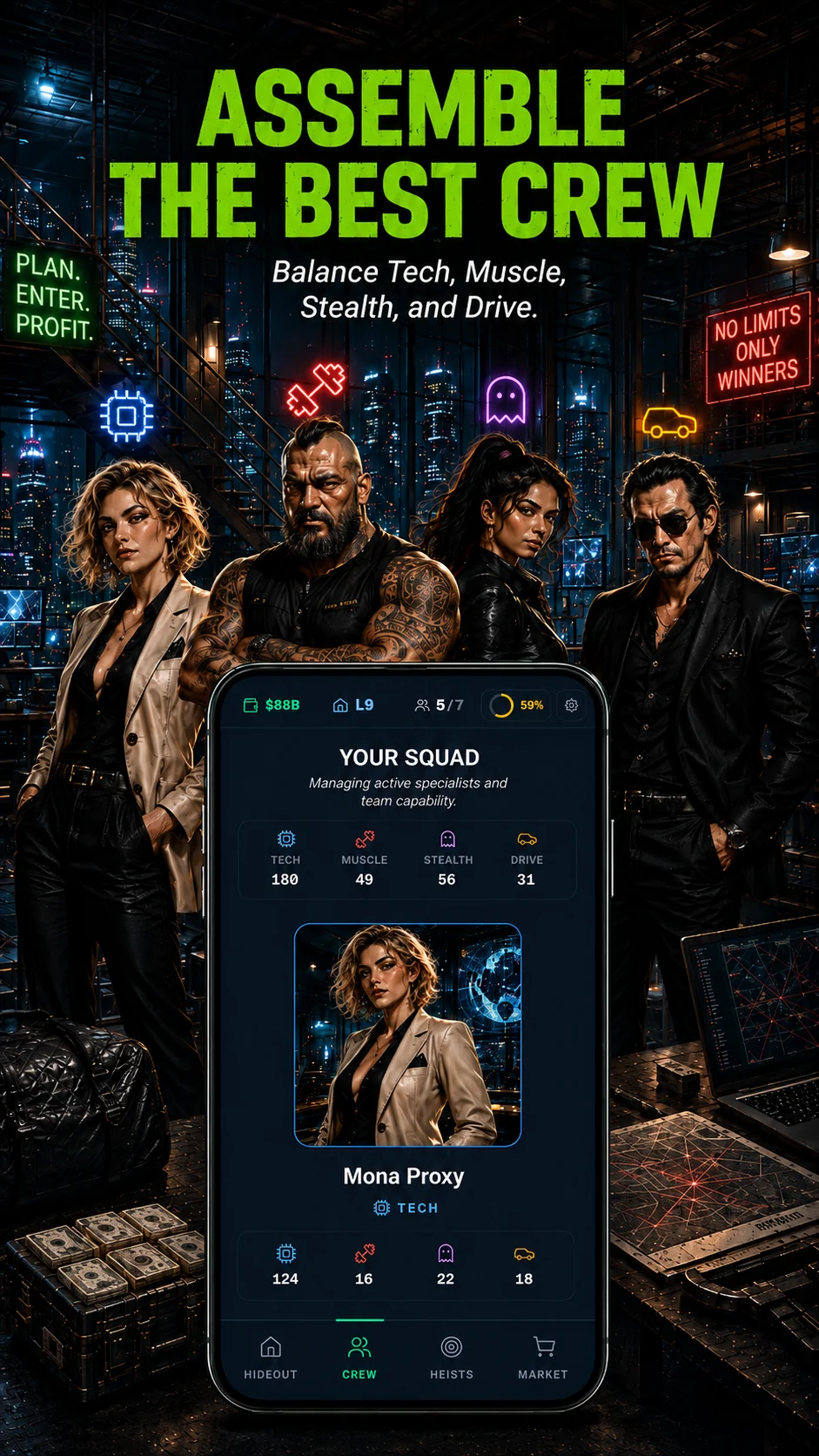 Crew overview in Heist Simulator