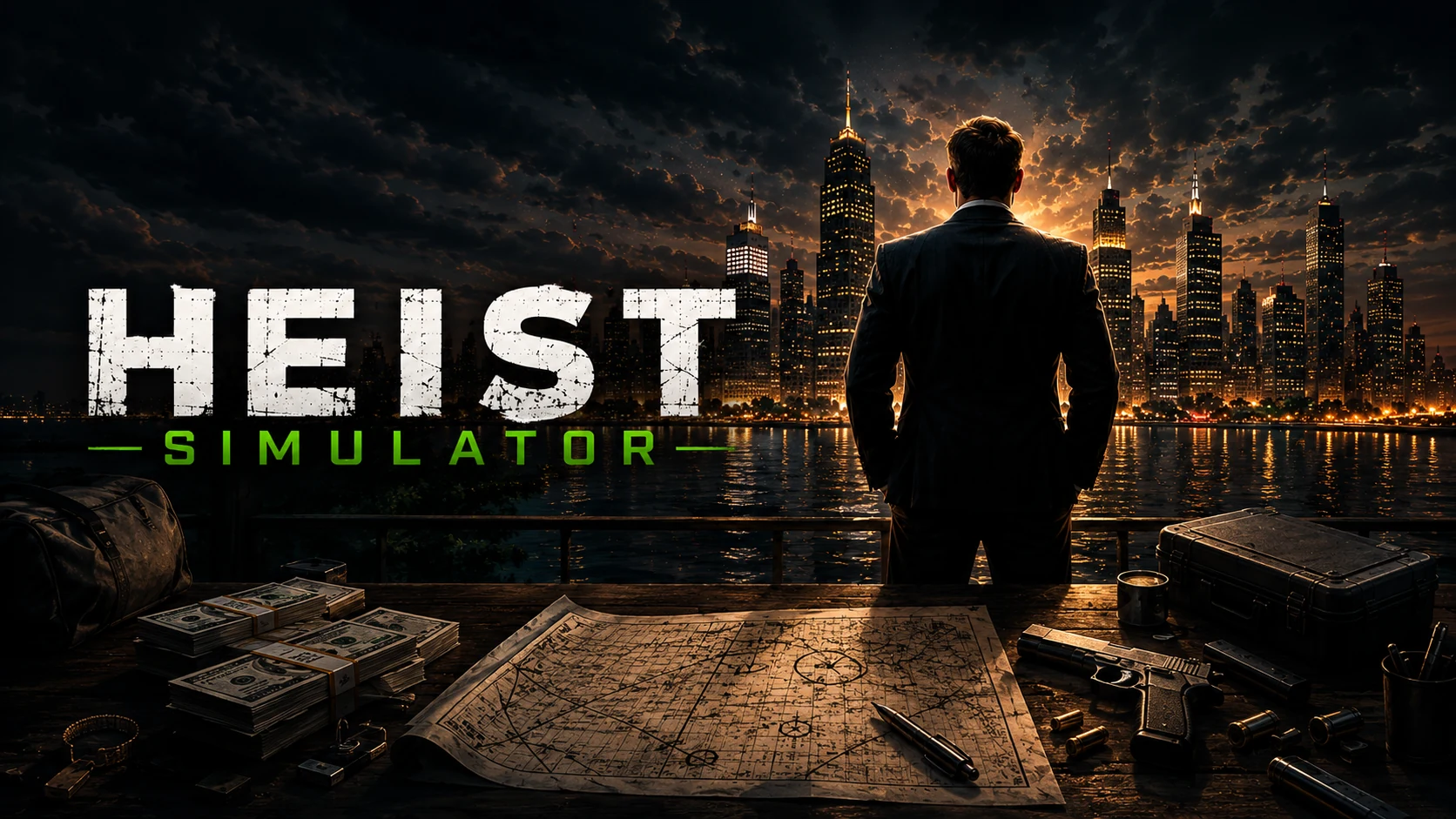 Heist Simulator skyline and heist planning artwork